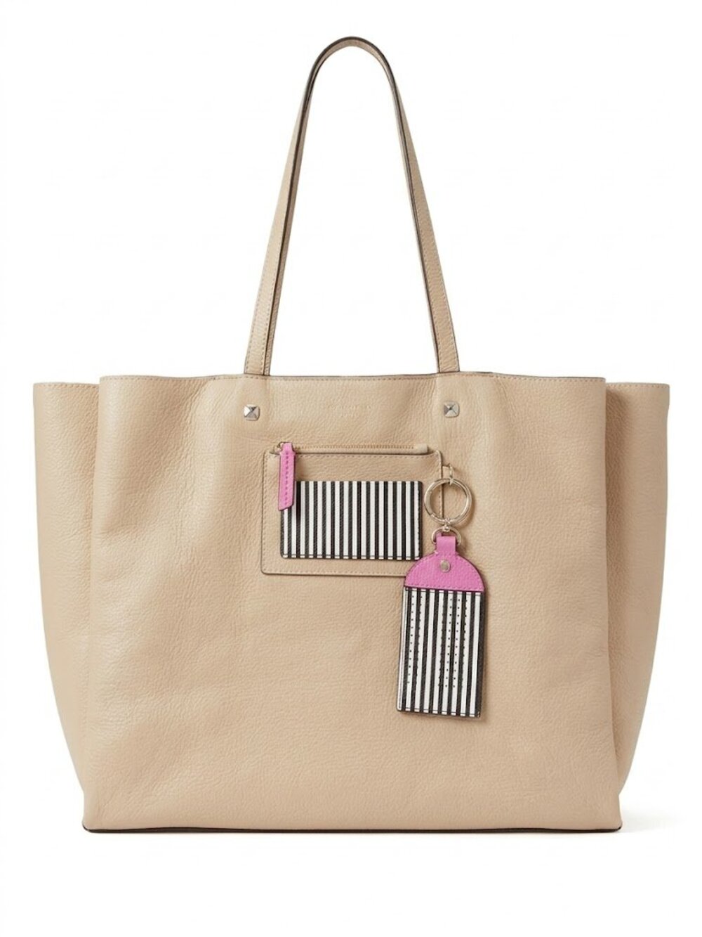 Henri Bendel Leather Tote with Pink Accent and Striped Pocket